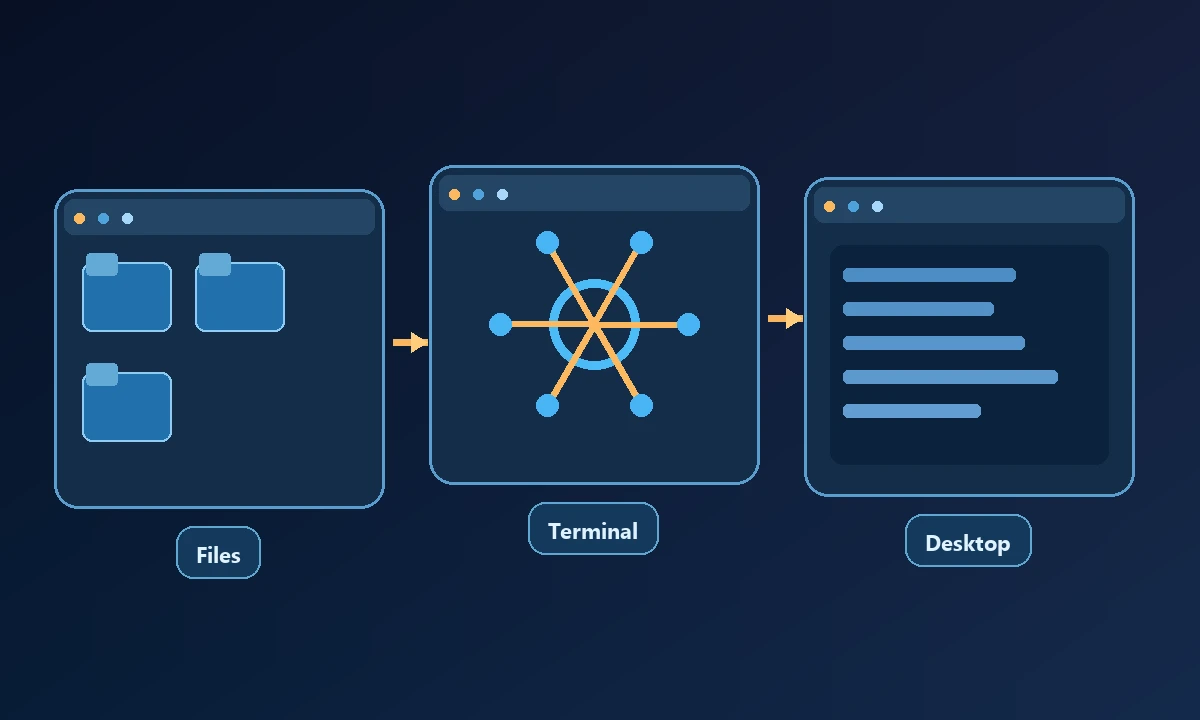 Conceptual process diagram showing Files, Terminal and Desktop connected in a workflow.