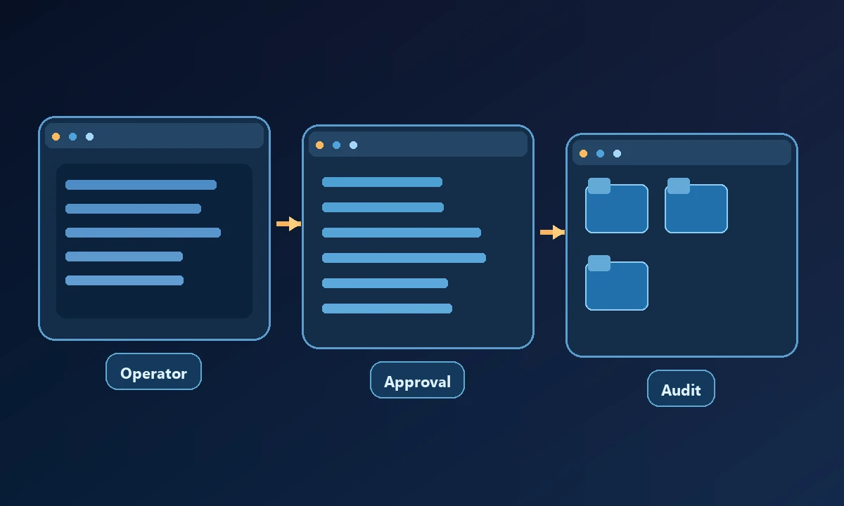 Conceptual diagram of Operator, Approval and Audit connected in a workflow.