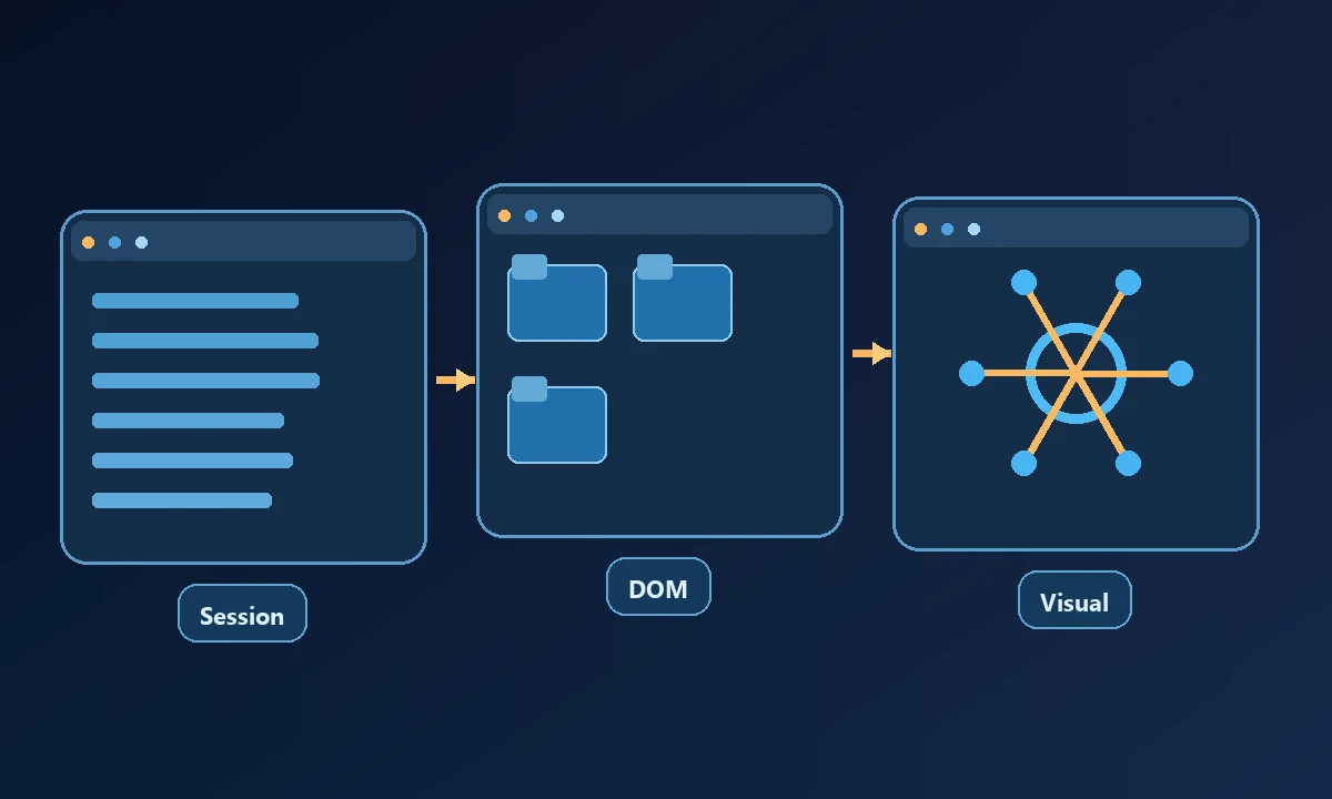 Conceptual process diagram showing Session, DOM and Visual connected in a workflow.
