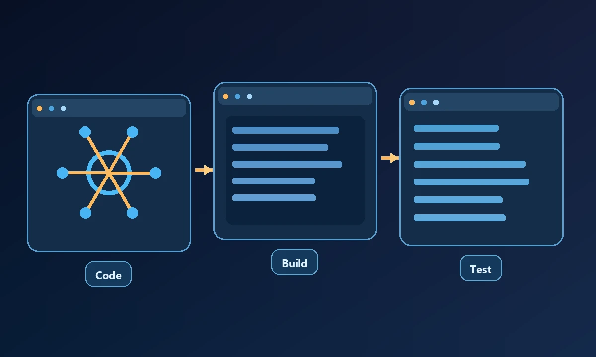 Conceptual diagram of Code, Build and Test connected in a workflow.