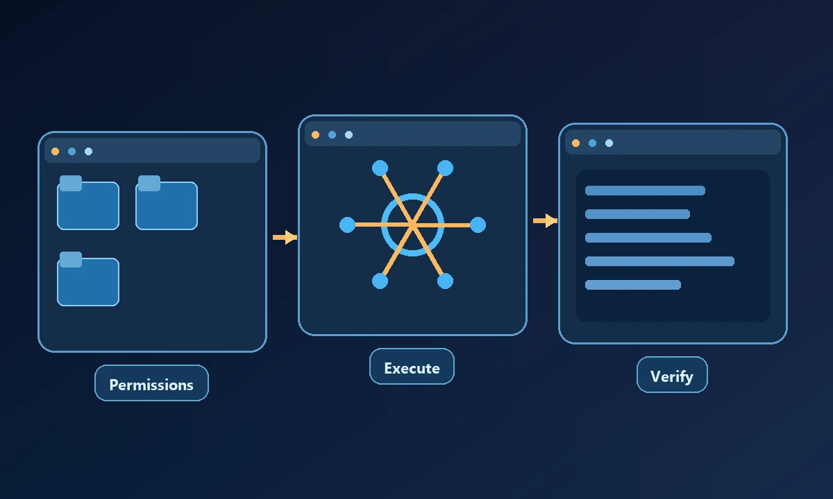 A permitted computer action progresses through permission checks, execution and independent result verification
