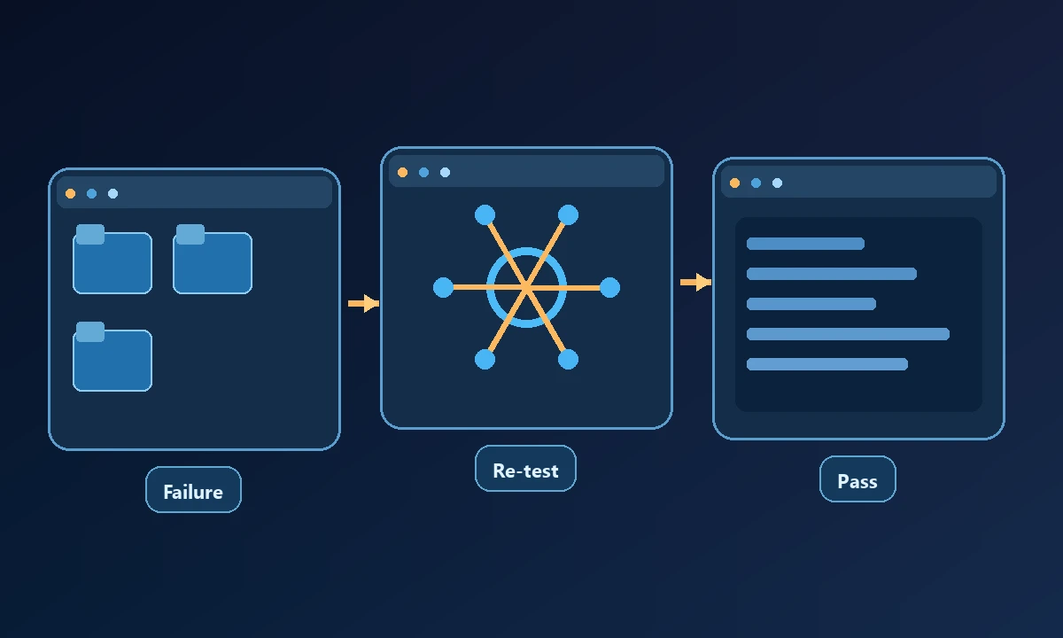 Conceptual diagram of Failure, Re-test and Pass connected in a workflow.