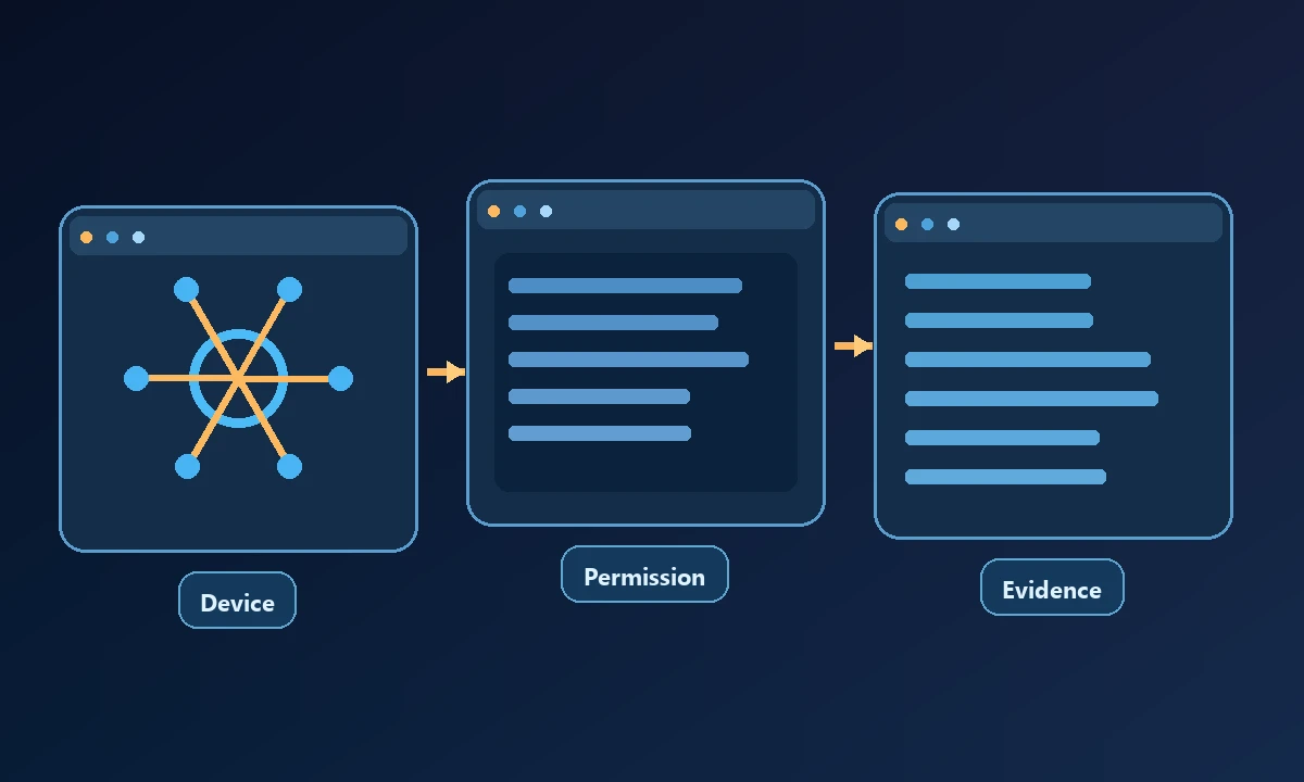 Conceptual diagram of Device, Permission and Evidence connected in a workflow.