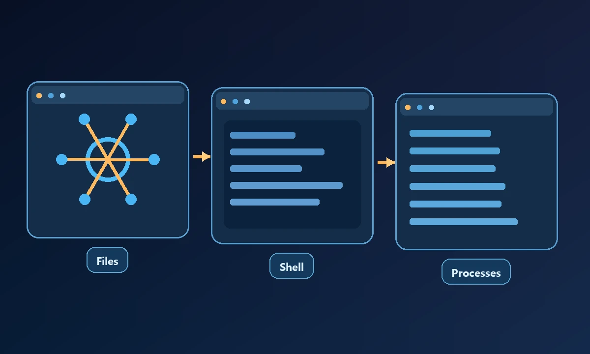 Conceptual diagram of Files, Shell and Processes connected in a workflow.