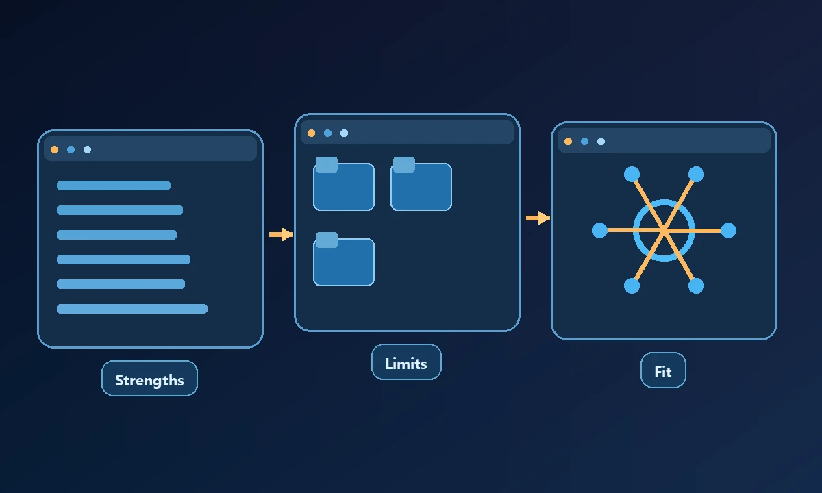 Conceptual diagram of Strengths, Limits and Fit connected in a workflow.