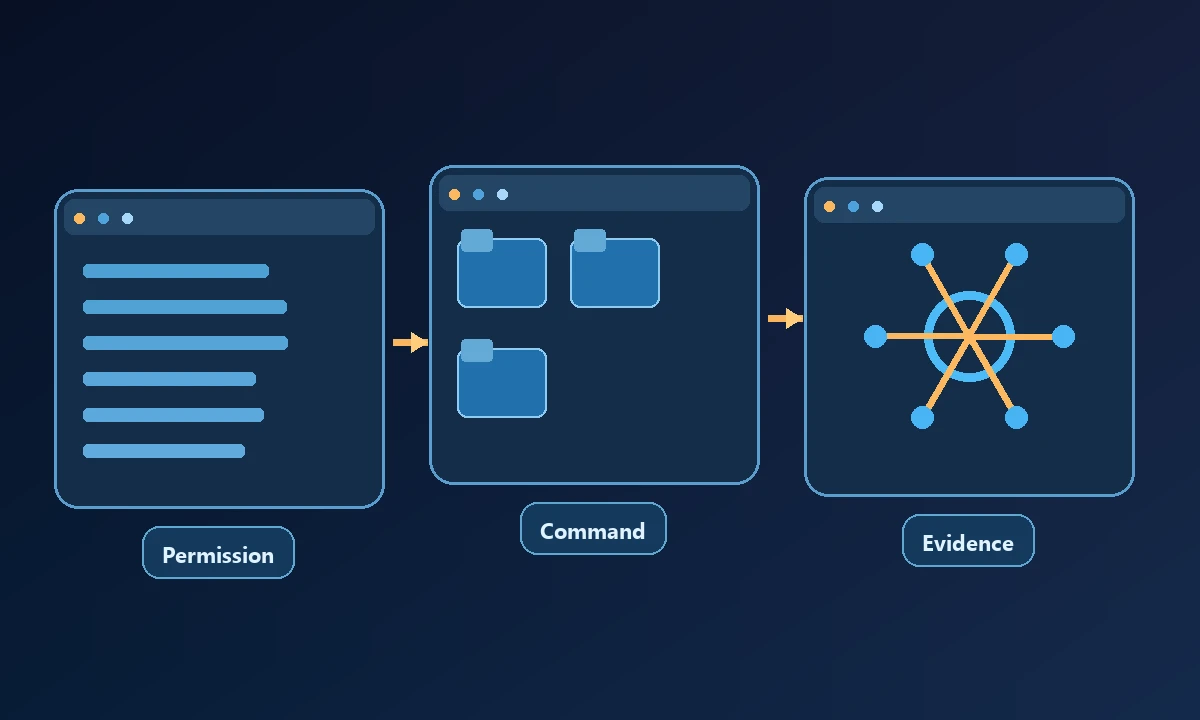 Conceptual process diagram showing Permission, Command and Evidence connected in a workflow.