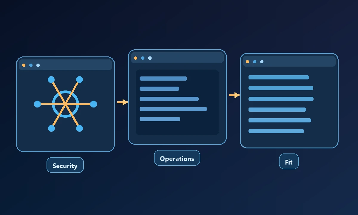 Conceptual process diagram showing Security, Operations and Fit connected in a workflow.