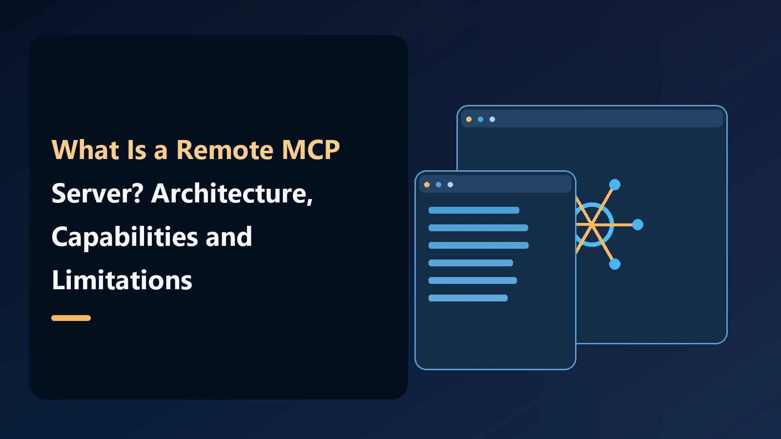 Conceptual Noxgild editorial cover showing computer, browser, and command windows for: What Is a Remote MCP Server? Architecture, Capabilities and Limitations