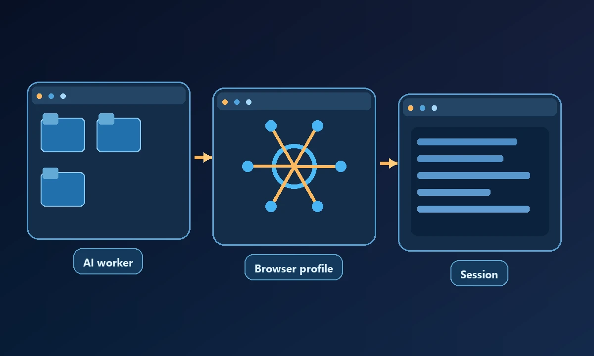 Conceptual diagram of AI worker, Browser profile and Session connected in a workflow.